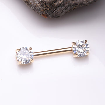 Detail View 1 of A Pair of 14 Karat Gold Prong Set Gem Sparkle Nipple Barbell-Clear Gem